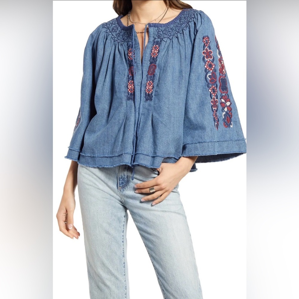 FREE PEOPLE
Sun Valley Embroidered Blouse - Blue Denim Blue Women's Top nwt